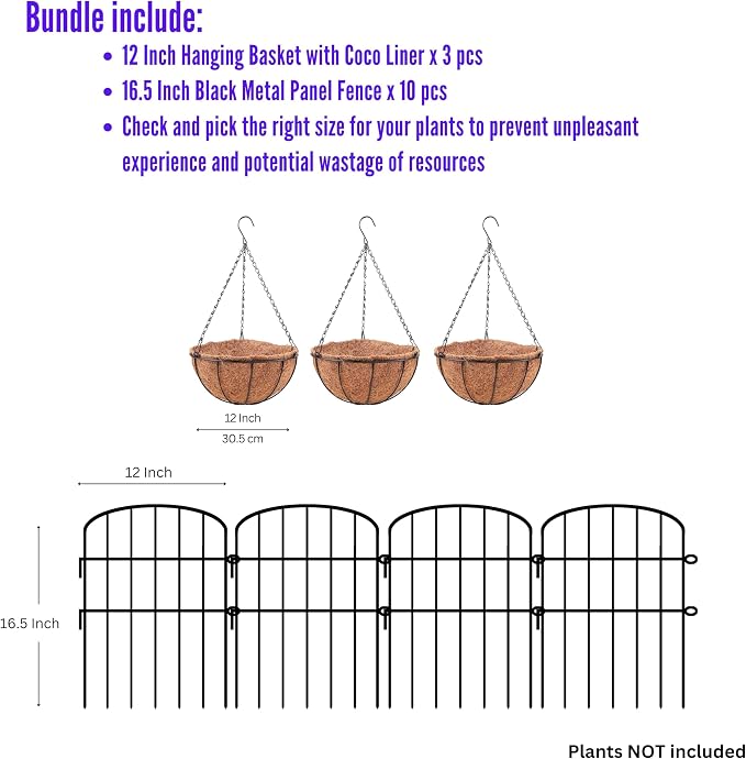 LaLaGreen Bundle- 3 Pack, 12 Inch Hanging Basket with Coco Liner + 10 Pack, 16.5 Inch Decorative Garden Fence Outdoor Landscape Edging Metal Wire Round Flower Holder Balcony Porch Patio Garden Decor