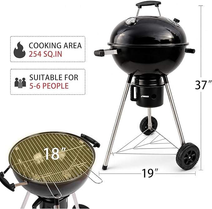 18-Inch Kettle Charcoal Grill with Lid & Wheels | Beginner-Friendly, For Backyard, Patio & Family Cookouts, Easy-to-Use, Ash Catcher
