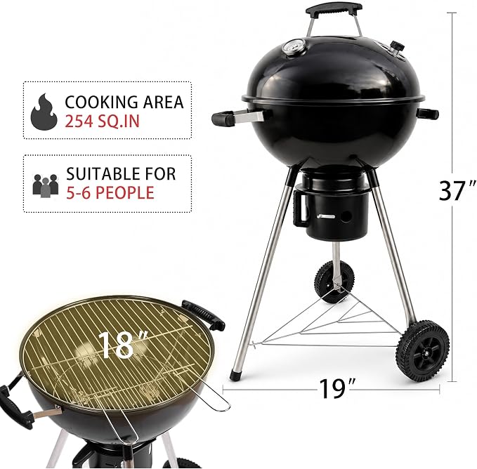 18-Inch Kettle Charcoal Grill with Cover & Wheels | Beginner-Friendly, For Backyard, Patio & Family Cookouts, Easy-to-Use, Ash Catcher
