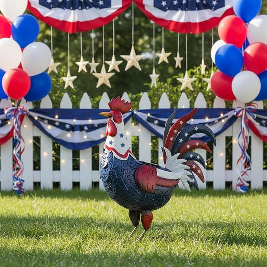 LIFFY Metal Rooster Yard Decor,18" Solar Patriotic Chicken Garden Statues Outdoor,4th of July Decorations with American Flag Decorative Ornament Outside for Home Patio Backyard Lawn