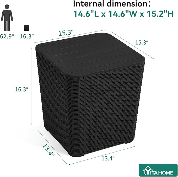 YITAHOME Outdoor Coffee Table with Extra Storage 11.5 Gallon Resin Rattan Side Table for Patio Decor,Cushions(Black) | Extra Storage, Patio Decor, Cushions