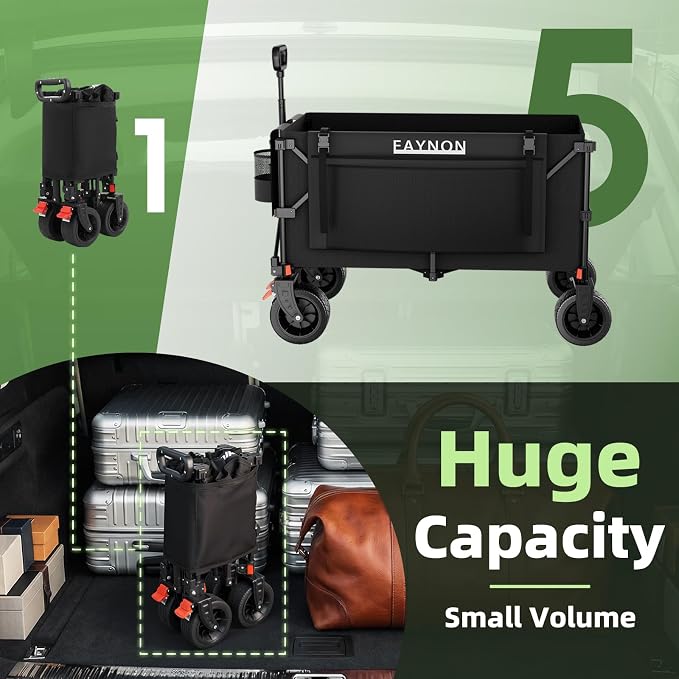 EAYNON 38" L Collapsible Foldable Extended Wagon,440lbs Weight Capacity with 220L Heavy Duty Folding Cart, Utility Wagon with Side Storage Pockets& Drink Holders,Black