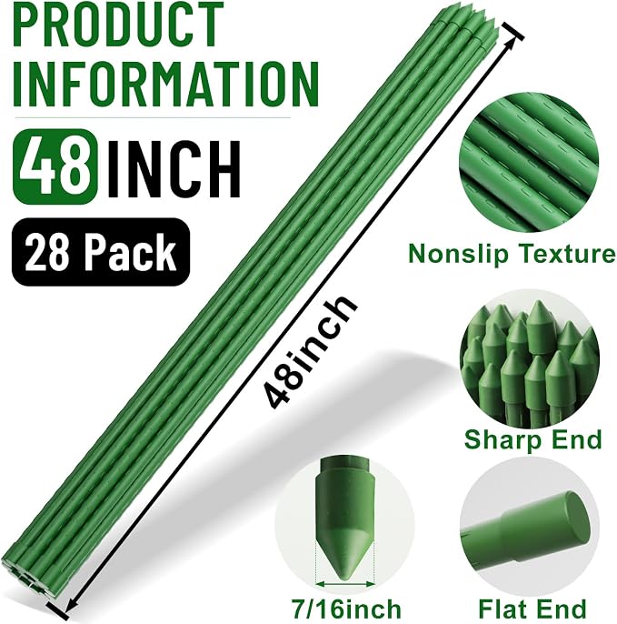 Fabulas Garden Stakes 4Ft, 28 Pack 48 Inch Plant Tomato Stakes and Supports Sturdy Plastic Coated Metal Garden Support Stick for Outdoor Indoor Climbing Plants, Beans, Vegetables, Trellis, Tree