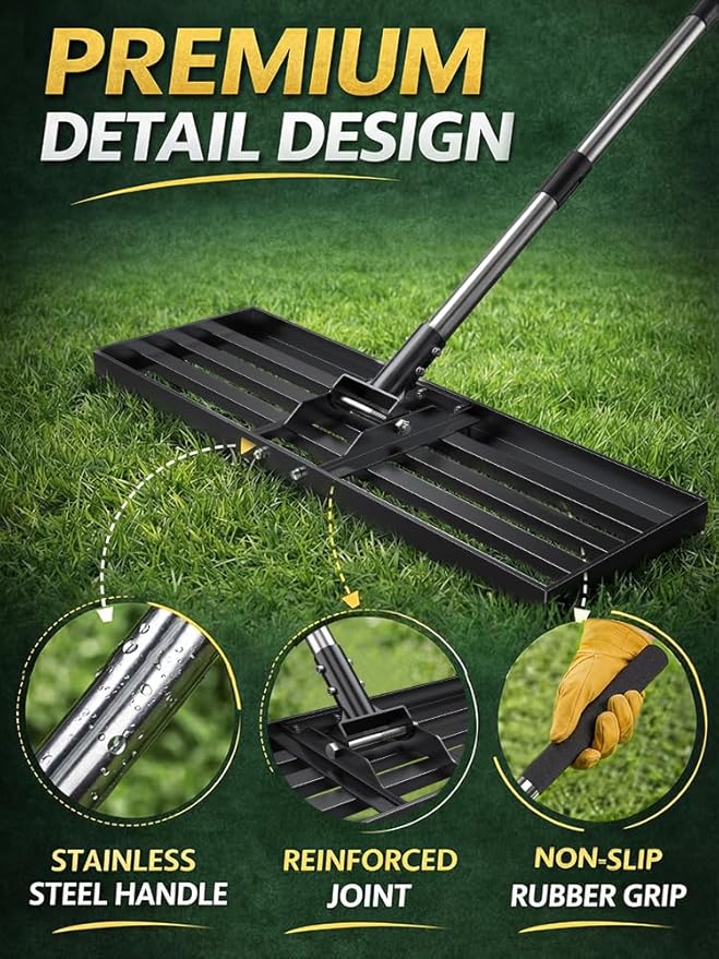 30x10 inch Lawn Leveling Rake, Yumatum 72" Heavy Duty Lawn Leveler Tool, Stainless Steel Handle Lawn Leveler for Yard Golf Pasture Garden, Professional Lawn Care Landscape Rake