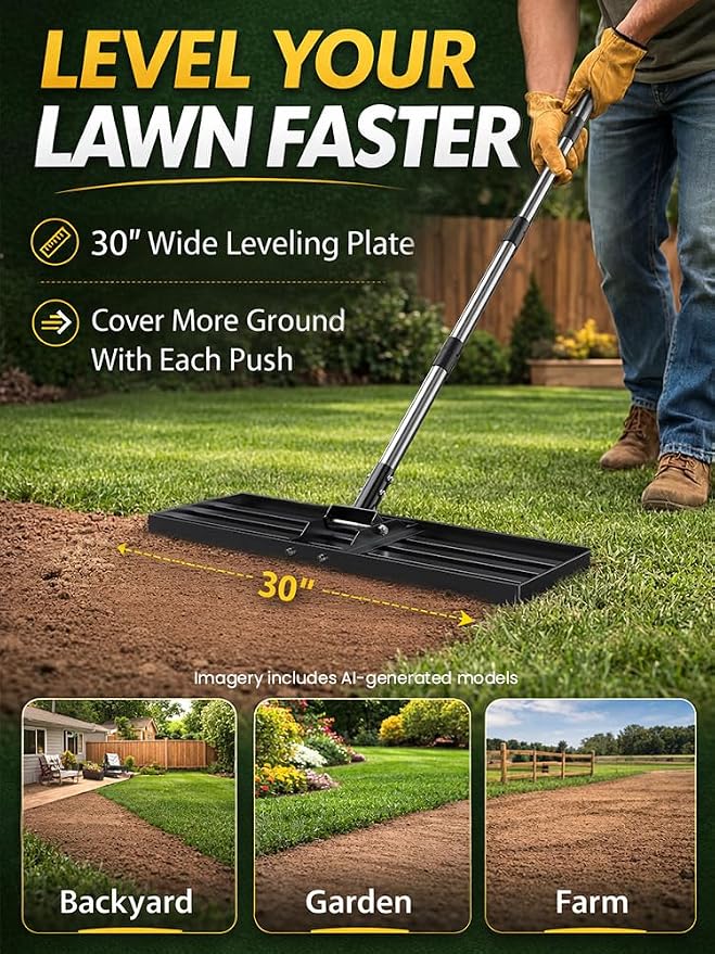 30x10 inch Lawn Leveling Rake, Yumatum 72" Heavy Duty Lawn Leveler Tool, Stainless Steel Handle Lawn Leveler for Yard Golf Pasture Garden, Professional Lawn Care Landscape Rake