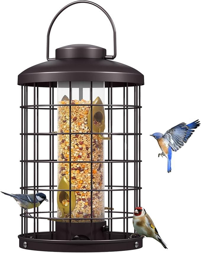 Mosloly Caged Bird Feeders Metal - 3 Lbs - Squirrel-Proof Wild Bird Feeders, Clear Tube Feeders Hanging Outside Starling Proof, Detachable Cleaning, 4 Feed Ports(Copper)