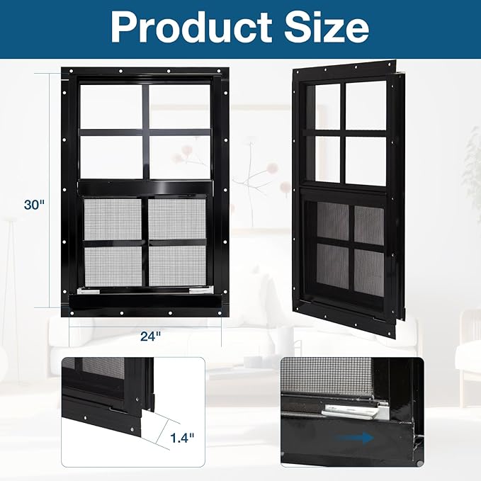 Yuzzy Shed Windows 2 Pack, Chicken Coop Windows 24" x 30" with Tempered Glass and Fiberglass Screen, Flush Mounted Small Window for Shed, Barns, Playhouse, Household, Garage (Black)