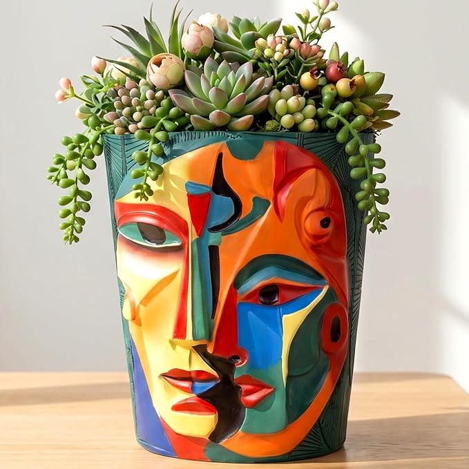 Mrlikale Abstract Face Planter Pots with Drainage Hole for Indoor Plants | 6.6 Inch Hand-Painted Funny Face Flower Pot for Succulents, Shelves, Desks, and Modern Home Decor