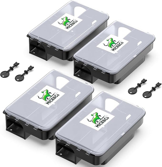 Mice&Co Professional Rat Bait Stations 4 Pack – Lockable Rodent Traps for Outside & Inside – Heavy Duty, Weather-Resistant Bait Boxes with Transparent Lid & Dual Entry – Tamper-Proof – Pet Safe