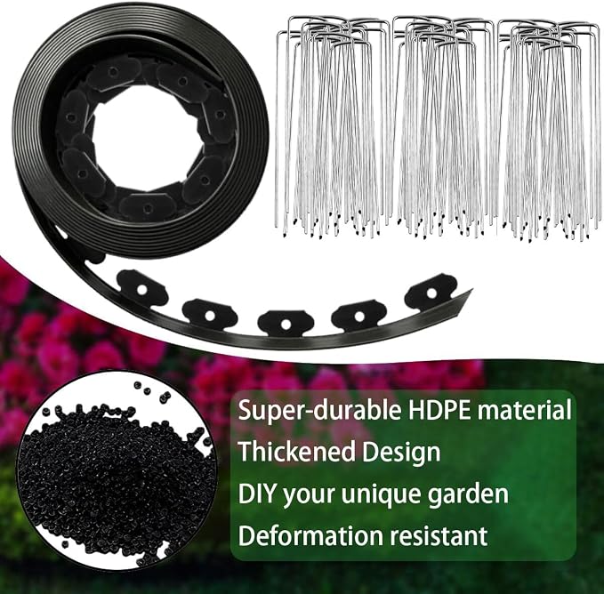 66Ft 3IN Landscape Edging,Garden Edging Border Kit with 100pcs Metal Stakes,Plastic Edging for Landscaping, Flexible Tool-Free Lawn Border for Flower Bed,Yard,Tree,Grass,Pathway-Black