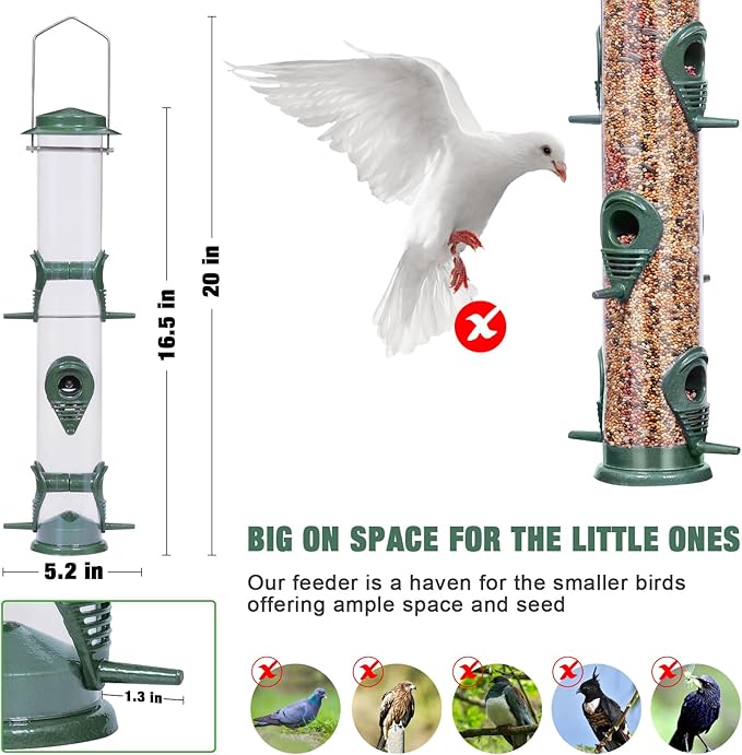 ERYTLLY Metal Bird Feeders 6 Port Tube Bird Feeder for Wild Birds, 1.4mm Extra Thick Solid Tube Transparent with Steel Hanger Bird Feeders 16.5 Inch for Outside
