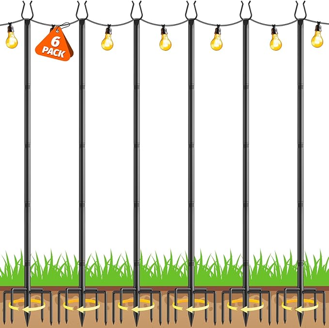 Aredy 6 Pack String Light Poles - 10FT Light Poles for Outside with Fork Base, Outdoor String Light Poles, Durable Poles for String Lights in Backyard, Deck, Garden, Wedding Events