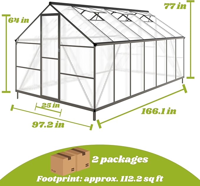 8 x 14 FT Greenhouse for Outdoors, Polycarbonate Greenhouse with Quick Setup Structure and Roof Vent, Aluminum Large Walk-in Green House for Outside Garden Backyard, Dark Gray