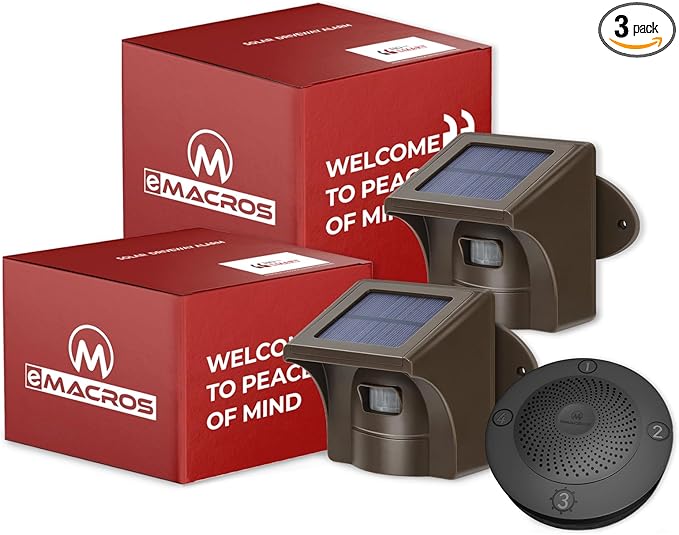 eMACROS Solar Wireless Driveway Alarm System (1/2 Mile Range, 1 Receiver & 2 Solar Sensors) - Weatherproof Outdoor Motion Detector for Farm, Long Driveway & Property Security