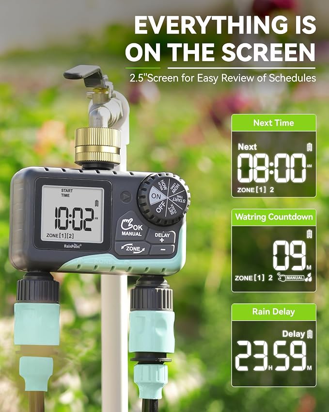 RAINPOINT Sprinkler Timer for Garden Hose - 2 Pack Brass Intel Hose Timer Rain Delay/Manual Watering/Automatic Irrigation for Yard Lawn