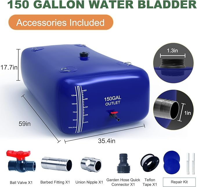 150 Gallon Water Bladder, 1000D PVC Foldable Portable Water Tank, Blue Large Capacity Water Bag Container for Camping, Garden, Agricultural Irrigation, Drought Resistance, Emergency Supply