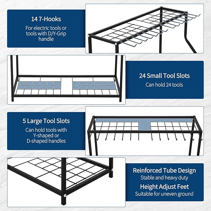 Garden Tool Organizer 2 Tier Yard Storage Rack With14 Hooks,Heavy Duty Holder With 43 Long-Handled Slots,Freestanding Tool Organizers and Storage for Yard Shed and Lawn