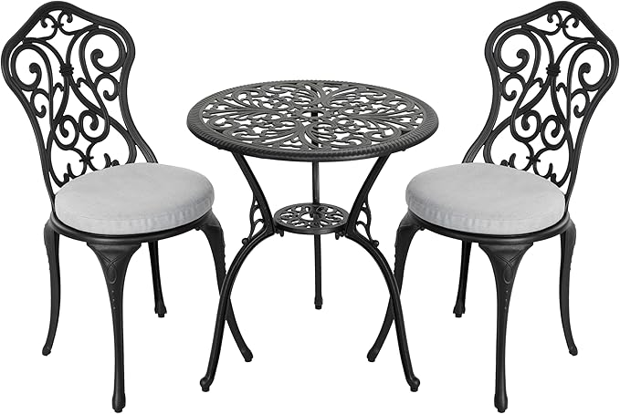 NUU GARDEN Patio 3-Piece Bistro Set with Olefin Cushions, Patio Chairs and Outdoor Round Table with Umbrella Hole, Cast Aluminum Patio Set for Lawn, Garden, Porch, Poolside, Black