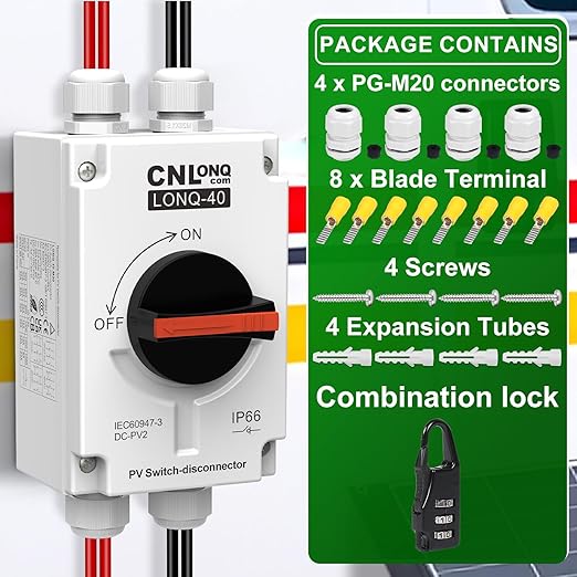 CNLONQ Solar PV Disconnect Switch 32A DC1500V Rapid Shutoff Isolator Switch 4P 1 or 2 Strings with IP66 Waterproof Enclosure for Rooftop Solar Systems, RVs and Boats