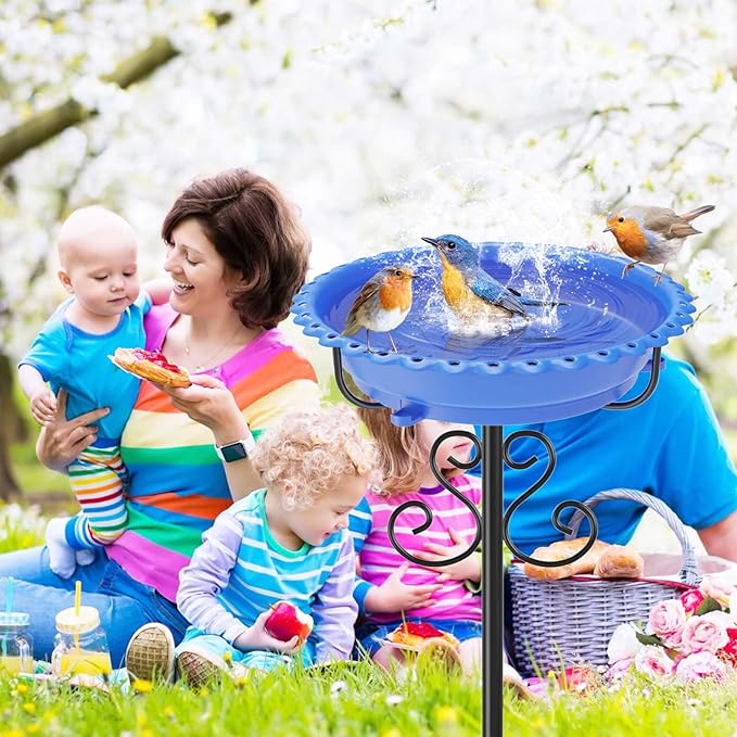 Bird Bath for Outside,40In Vintage Freestanding Bird Feeder Birdbaths for Outdoors, Bird Bath Detachable Plastic Bowl for Garden Patio Yard Lawn Decor, 5-Pronged Base & Easy to Clean (Blue)
