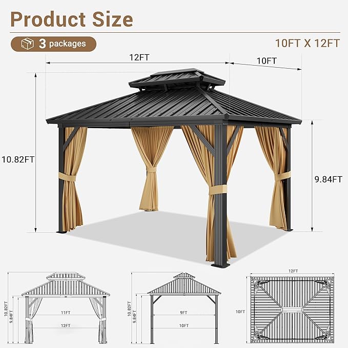 10x12 FT Hardtop Gazebo with Galvanized Steel Double Roof, Heavy-Duty Aluminum Frame Outdoor Gazebo Canopy with Mosquito Netting & Waterproof Curtains for Patio, Backyard, Deck & Lawn