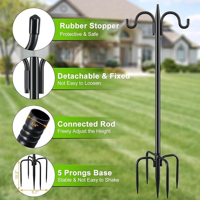 Gtongoko Bird Feeder Pole for Outdoors Heavy Duty, 77 Inch Double Shepherds Hook with 5-Prong Stable Base, 3/4 Inch Thick Hummingbird Feeder Stand for Hanging Plants, Lanterns, 1 Pack
