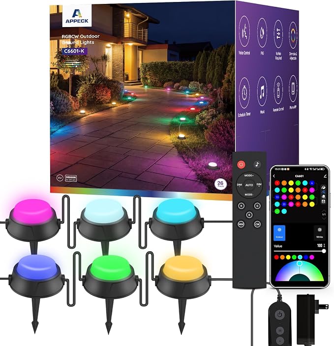 APPECK Outdoor Ground Lights 26 Pack, 58FT RGBCW Pathway Lights Wired, Tunable White Smart Landscape Lights, 111 Scene Modes, for Path Yard Lawn Patio Holiday Party Decor, with App/Remote Control