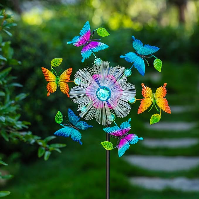 44" Butterfly Wind Spinners Garden Whirligigs, Solar Flower Butterfly Wind Sculpture Yard Art Decorations for Lawn, Patio & Yard & Garden Decor, Metal Wind Spinners Outdoor Decor