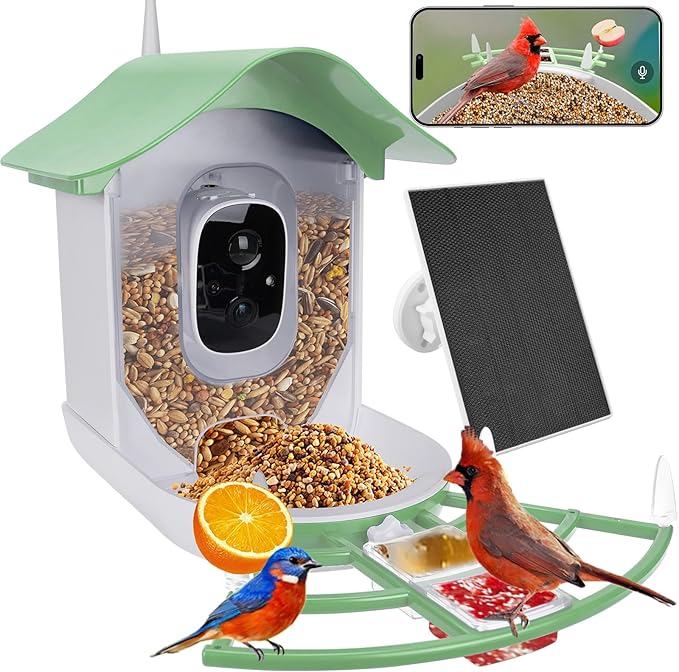 Smart Bird Feeder with Camera Solar Powered,AI Identify Species,2K HD Video Auto Capture Live for Outdoor Backyard,Ideal Gift for Family Bird Lovers (Green)