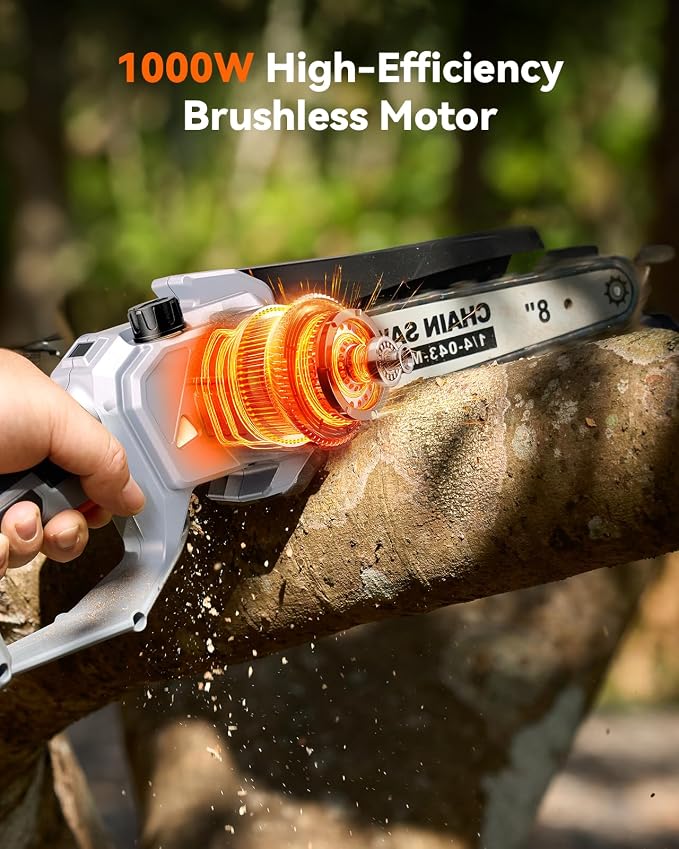 TaskStar 8-Inch Mini Chainsaw Cordless, Brushless Motor, 2×2000mAh Batteries, Lightweight One-Handed Electric Chainsaw for Cutting Thick Branches, Tree Trimming, Wood Cutting, Beginner Friendly
