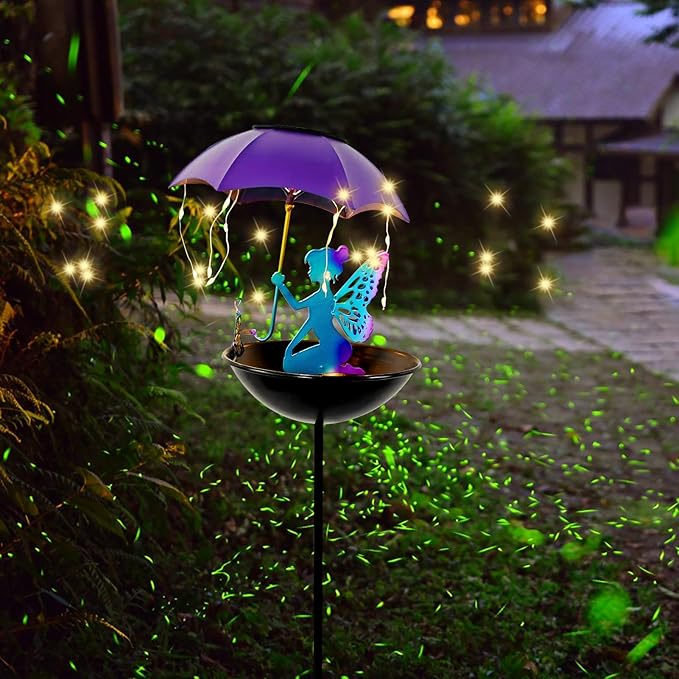 Solar Fairy Garden Decor Solar Bird Feeder with Umbrella Gifts for Women Yard Outdoor Decorations Stake Metal for Patio Yard Festival Pathway Landscape Lawn