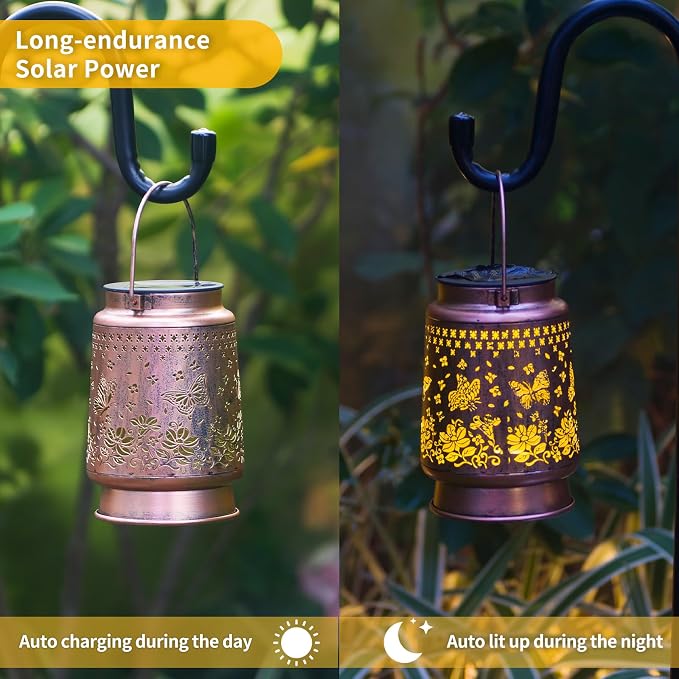 Butterfly Solar Colorful Lanterns Outdoor Waterproof Hanging, Gifts for Mom Grandma Women, Automatic Color Changing Light, Metal Decor Lanterns for Garden Patio Yard Lawn Backyard
