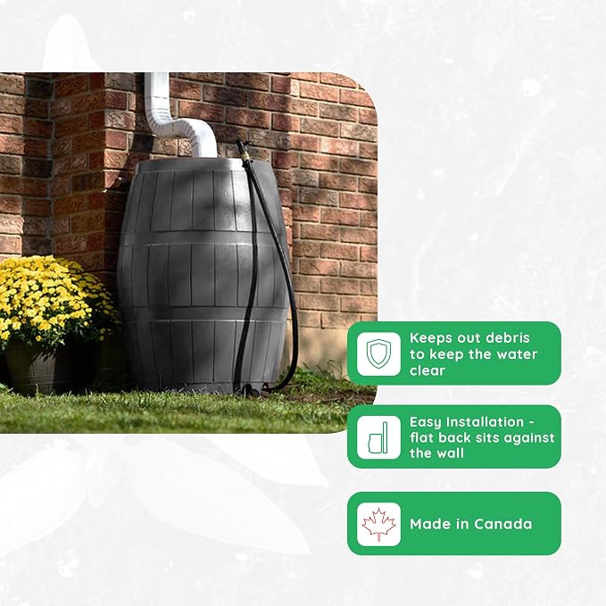 FCMP Outdoor Raincatcher 4000, Flat-Back Rain Water Barrel, 50-Gallon, Gray - Rainwater Collection Storage Container w/Side Spigots, Mesh Screen, Garden and Overflow Hose & Linking Kit