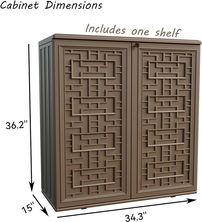 Mrosaa Indoor Outdoor Storage Cabinet Waterproof with 1 Shelf, Plastic Outdoor Storage Cabinets for Patio/Garden/Backyard, Size 34.3''L*15''W*36.2''H(Brown)