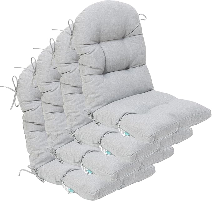 QILLOWAY Outdoor High Back Chair Cushion for Adirondack, All Weather Rocking Chair Cushions Thick Padded Replacement for Patio Furniture Set of 4,Gray,White
