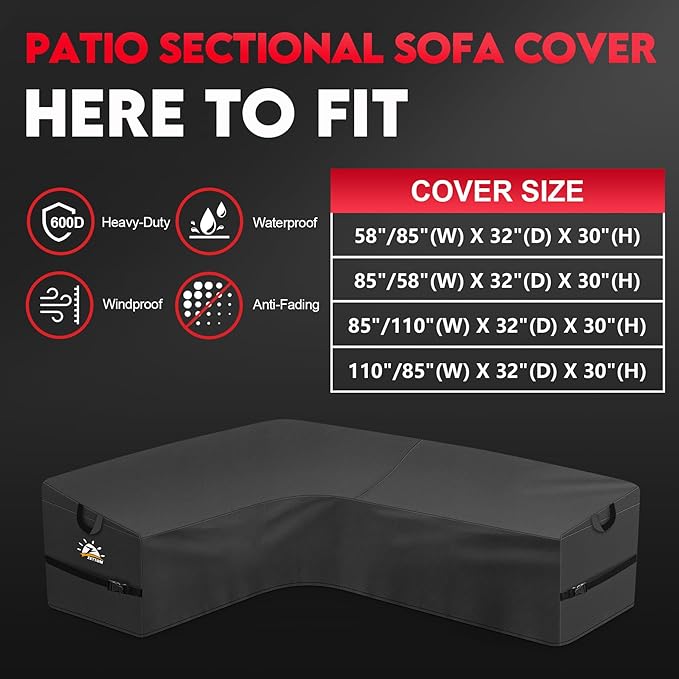 Zettum Outdoor L-Shaped Sectional Cover - 600D Patio Sectional Sofa Cover, Waterproof Patio Furniture Covers for 6-Seater Outdoor Sectional Sofa and Couch, Left Facing, 85x110 Inch Wide