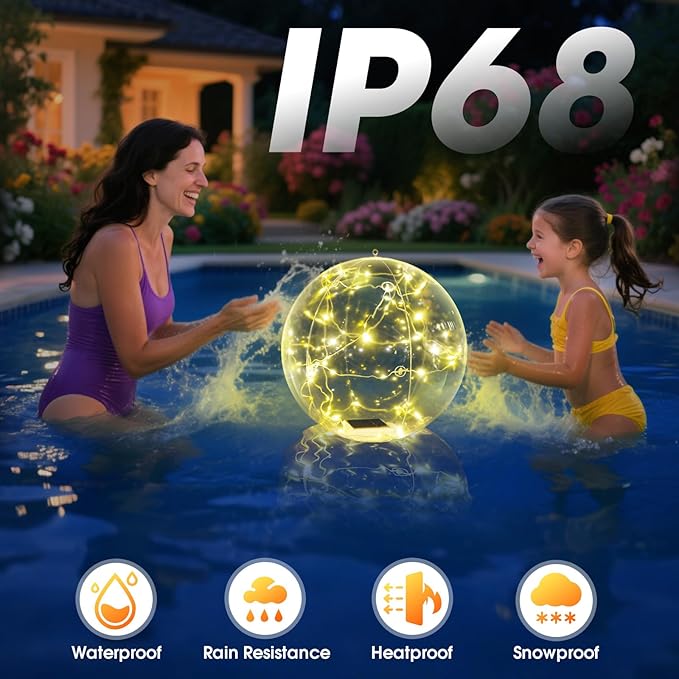 Askyli Solar Floating Pool Lights, 15 inch Waterproof Solar Pool Light that Float, Warm White LED Light up Pool Balls, Auto ON/Off Pool Solar Lights for Pools Party Wedding Decor (4Piece)
