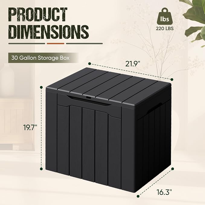 Flamaker Deck Box 30 Gallon, Waterproof Resin Small Storage Box with Lid, Outdoor Patio Furniture Cushion Garden Tool Organizer, Lockable Package Delivery Box for Porch Balcony (Black)