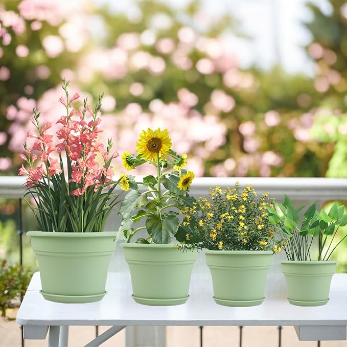 Pottiffe 16 inch Plastic-Flower-Pot-for-Indoor-Plants, 4 Pack Large Outdoor Planter Pot with Drainage Holes & Saucers, Resin Decorative Garden Pots Planters