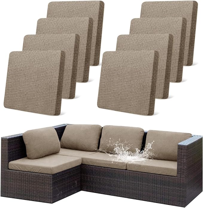 CALBODE 8Pcs Outdoor Stretch Cushion Covers,Waterproof Outdoor Chair Cushion Covers for Patio Furniture, Washable Jacquard Couch Covers Replacement for Patio Furniture(Khaki, Cover Only)
