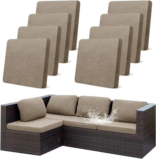 CALBODE 8Pcs Outdoor Stretch Cushion Covers,Waterproof Outdoor Chair Cushion Covers for Patio Furniture, Washable Jacquard Couch Covers Replacement for Patio Furniture(Khaki, Cover Only)