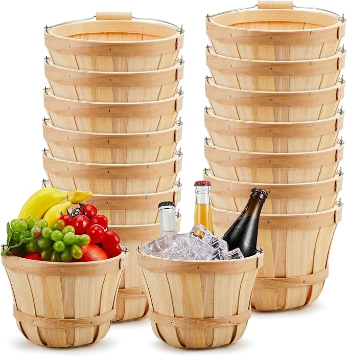 Marsui 16 Pcs Round Wooden Berry Baskets Small Bushel with Handles for Gifts Empty Basket Fruit Buckets for Picking Strawberry Fruits Flowers Crafts Home Wedding (Natural Wood)