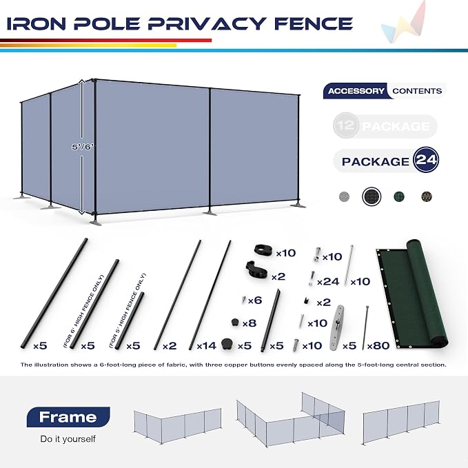 Windscreen4less Outdoor Privacy Fence Screen, 6'x6' Freestanding Privacy Fencing Set with Iron Poles and Ground Spikes, UV Resistant Mesh Cover Garden Pet Fencing for Backyard Patio Pool, Green
