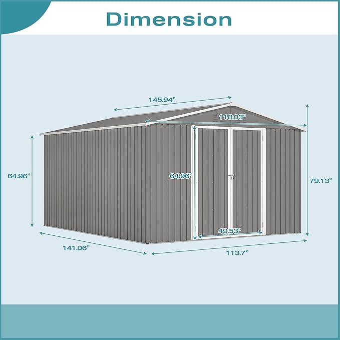 YOPTO 10x12 FT Outdoor Storage Shed with Floor Frame Kit,Metal Shed W/Double Lockable Doors,Garden Tool Storage House W/ 4 Air Vents & Sloped Roof,for Backyard,Patio,Lawn,Gray