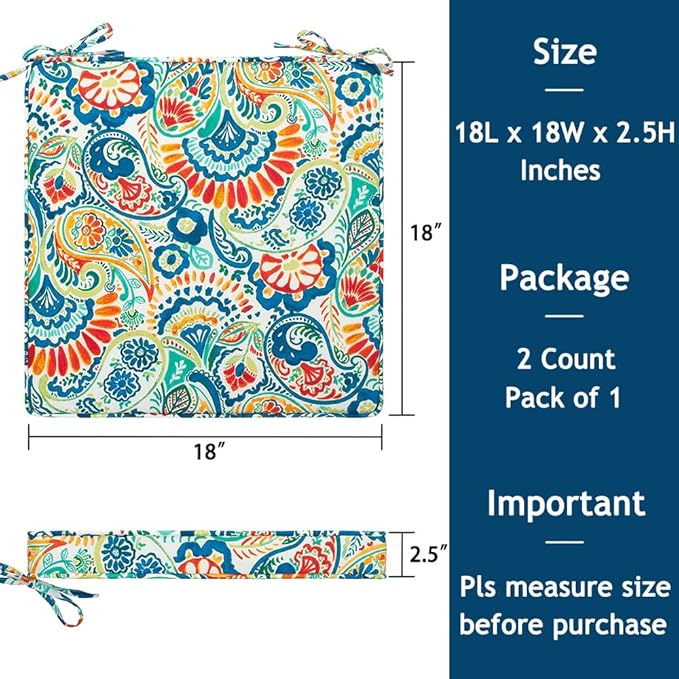 Magpie Fabrics Square Corner Seat Cushion, 18" x 18" x 2.5", 2 Pack, Indoor/Outdoor Waterproof Weather Resistant Universal Chair Pads for Patio Garden Dining - Paisley Multi