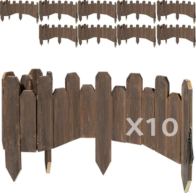 Wood Garden Edging, Staggered Wooden Edging Border Decorative Small Picket Panels for Flower Bed Barriers and Landscape Fencing