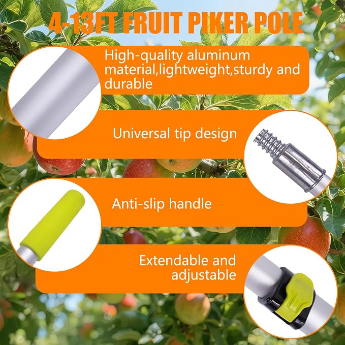 20FT Telescopic Fruit Picker With Wire Basket and Woven Basket,Adjustable Fruit Picker Pole With Basket Telescoping,4.6-20FT Fruit Picker Pole,Suitable For Picking Apples,Mangoes,Plums and Others