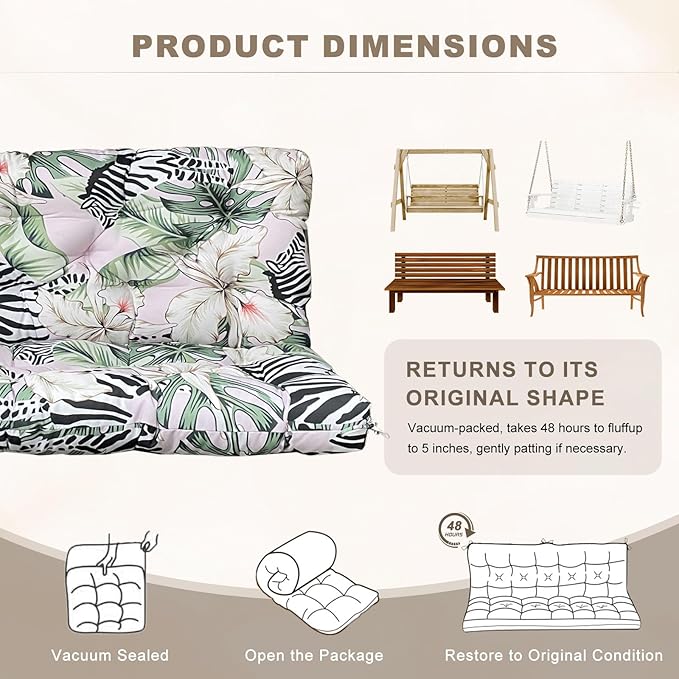 Porch Swing Cushion with Backrest,Waterproof Bench Cushion for Outdoor Furniture,2-3 Seater Replacement Thickened Swing Cushion with Ties,Patio,Outdoor,Backyard and Garden (Zebra Floral,40x40")