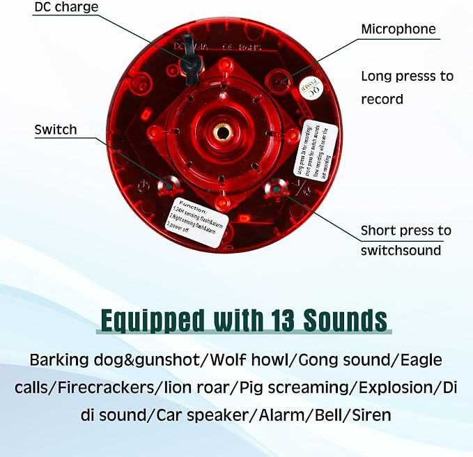 Qualirey 4 Pack Solar Outdoor Motion Sensor Alarm-Dog Barking&Gunshot Sound Support Recording Animal Deterrent for Home Security, 13 Kinds of Sounds (Red)