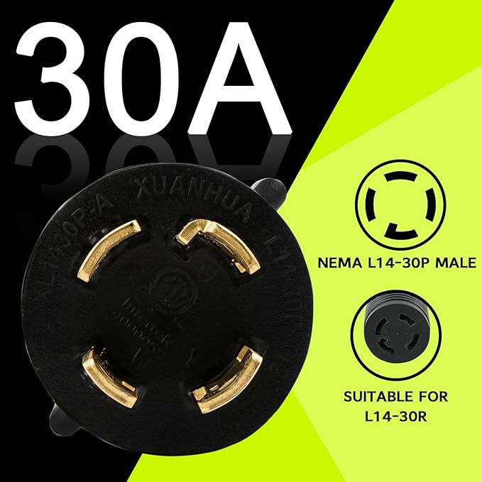 30 Amp to 20 Amp 110 Generator RV Adapter Cord, NEMA L14-30P to 4X 5-15R/5-20R Generator Distribution Adapter, STW 10 AGW, 1.5FT, ETL Listed